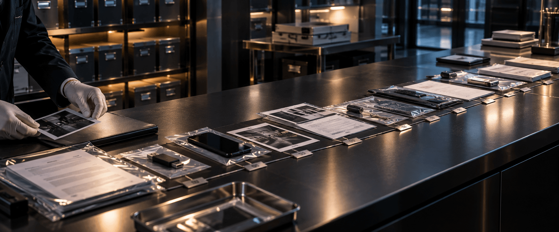 An evidence counter: bagged documents, a phone, a drive and a key laid out in a line, each with its own numbered tag, and a gloved hand placing a photograph at the near end.